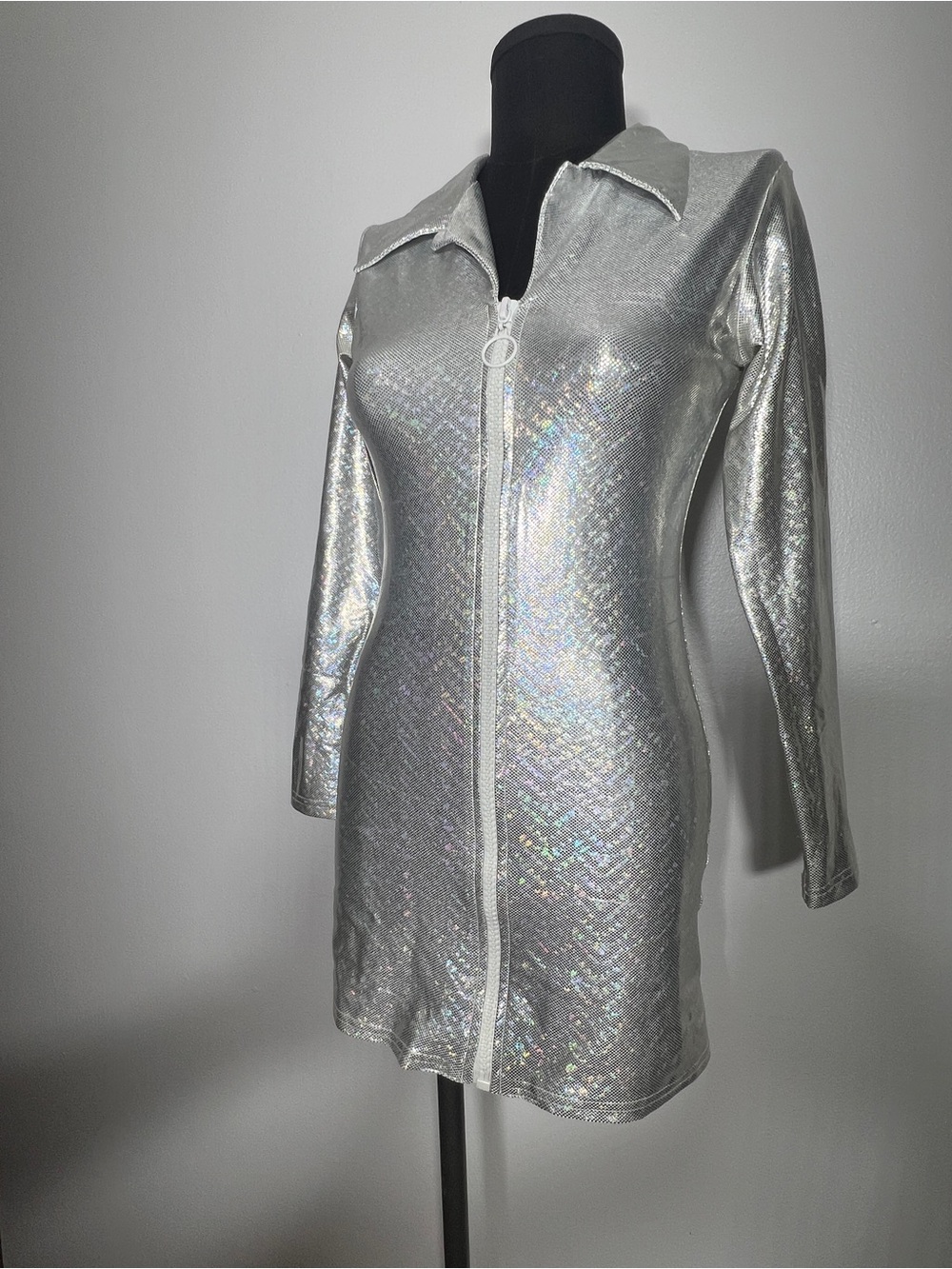 90s Journees Silver Holographic O-Ring Zip-Front Dress